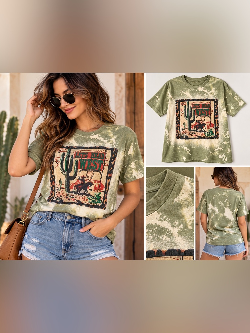 Tultex Olive Tie-Dye 'Lets Head West' Graphic Tee - Women